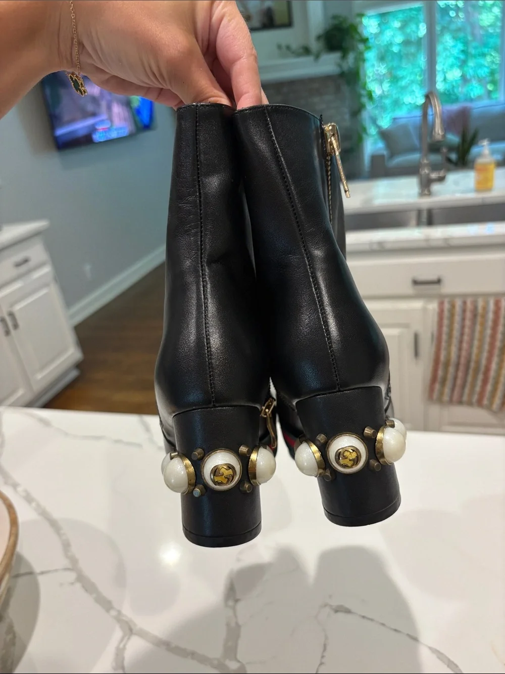 Gucci Black Leather Ankle Boots with Green and Red Web & Gold GG